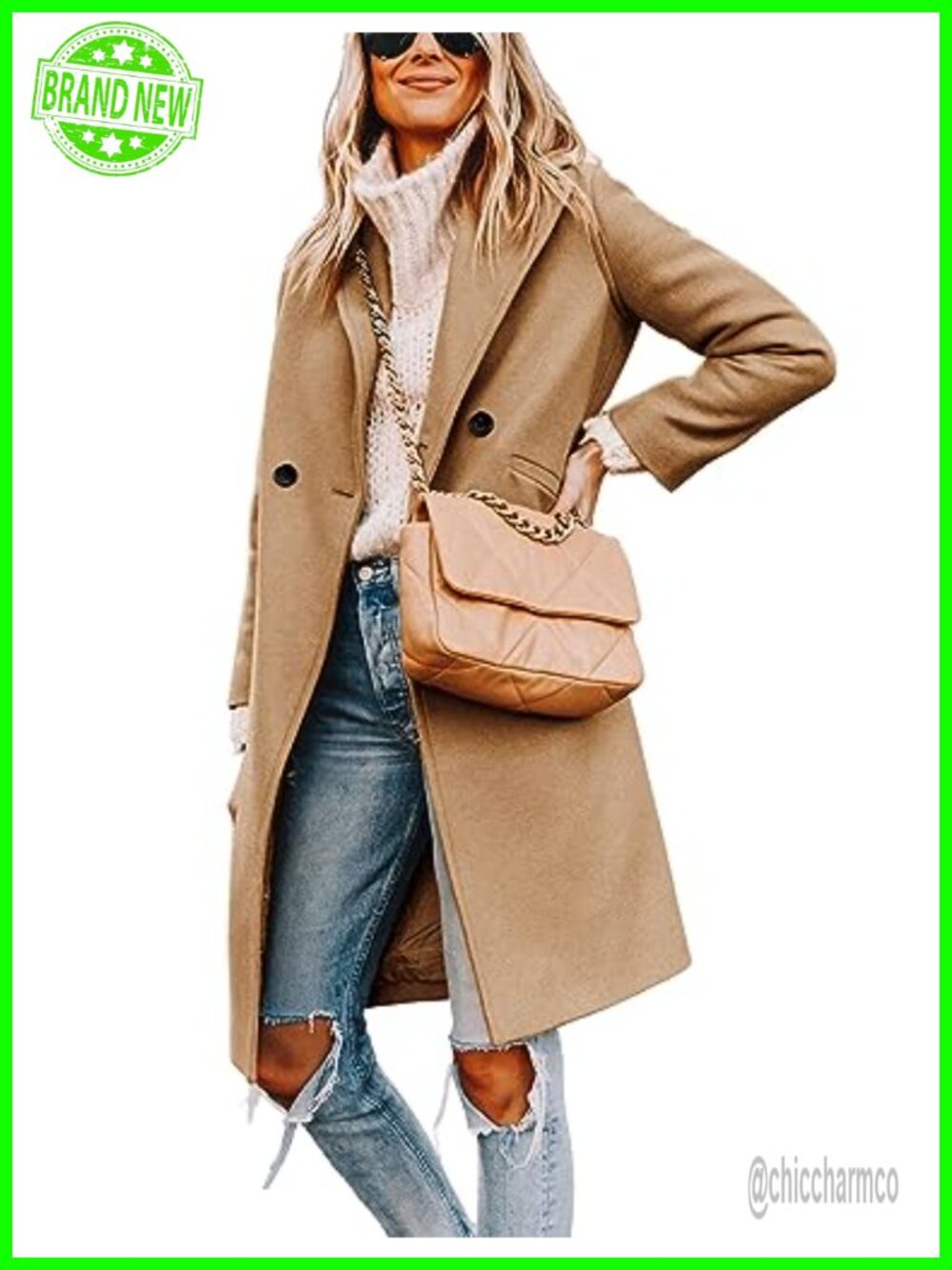 Wool Blend Peacoat Notch Lapel Double-Breasted Knee Length Winter Coat